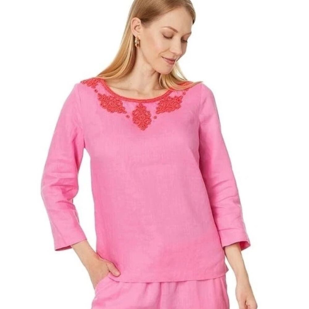 Lilly Pulitzer Elyn Beaded 3/4 Sleeve Linen Top Blouse Confetti Pink Size 12